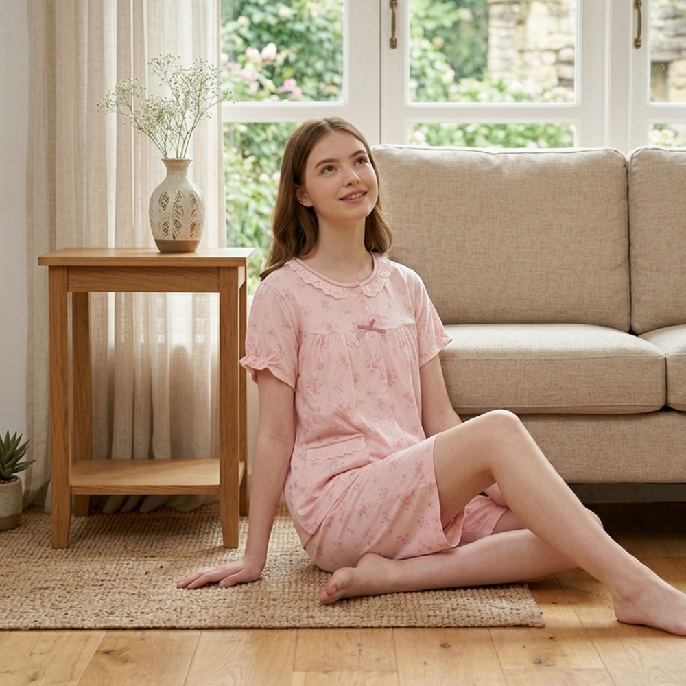 水漾小花 柔軟舒眠棉質 睡衣睡褲成套組(粉色)