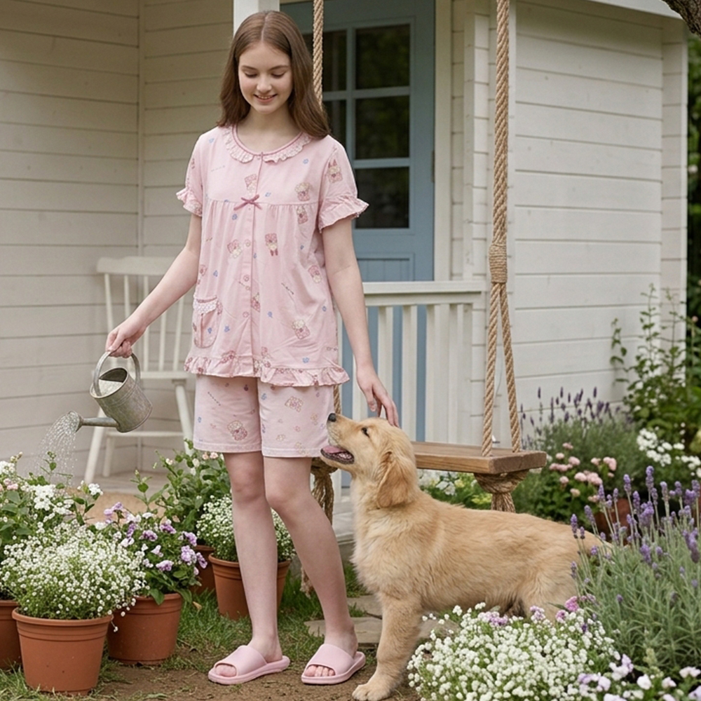 睡萌聚落 柔軟舒眠棉質 睡衣睡褲成套組(粉色)