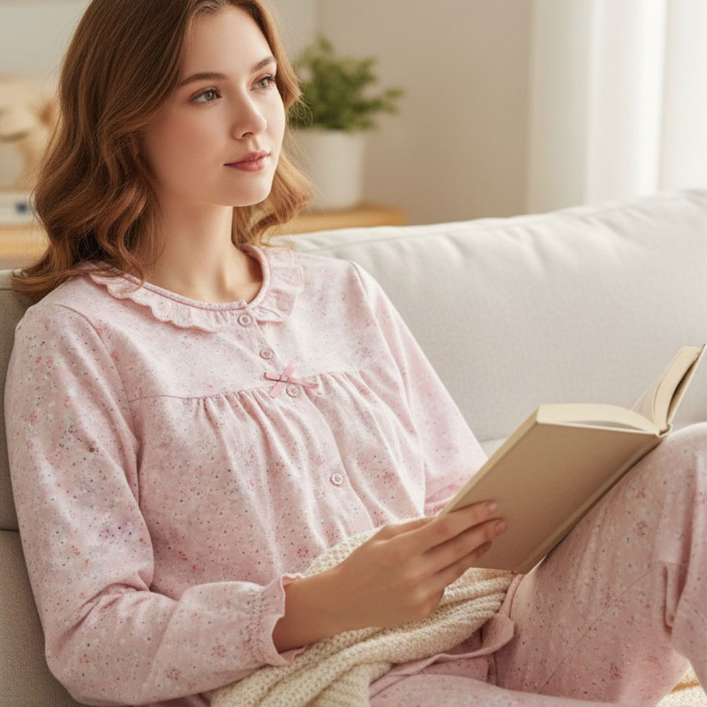 田園小花 柔軟舒眠棉質 睡衣睡褲成套組(粉色)