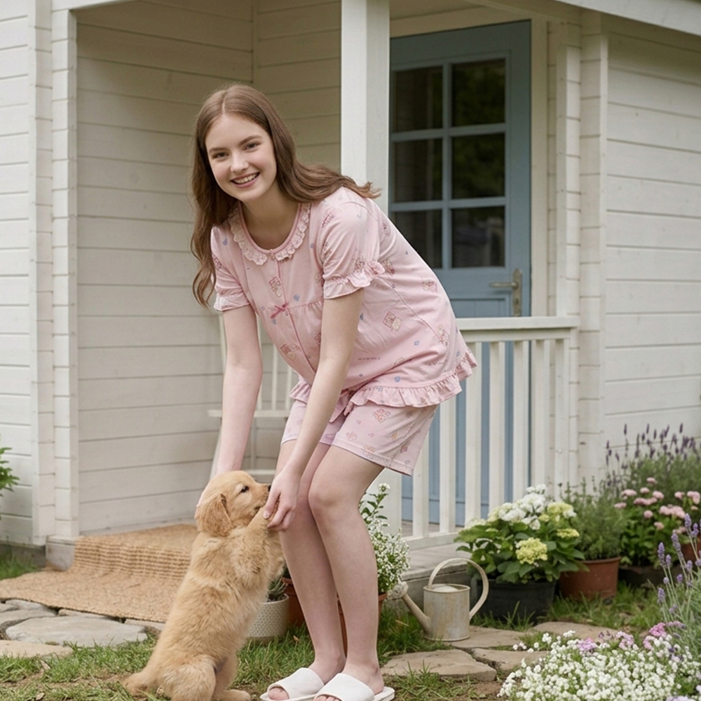 睡萌聚落 柔軟舒眠棉質 睡衣睡褲成套組(粉色)