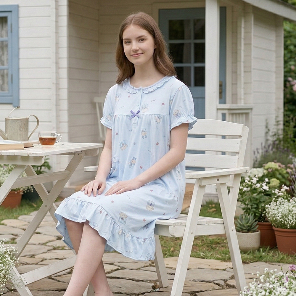 睡萌聚落 柔軟舒眠棉質 連身裙睡衣(藍)