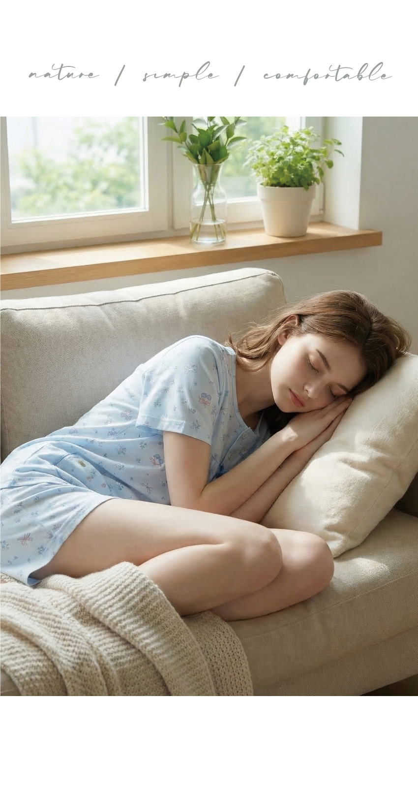 櫻桃小花 柔軟舒眠棉質 睡衣睡褲成套組(藍色)