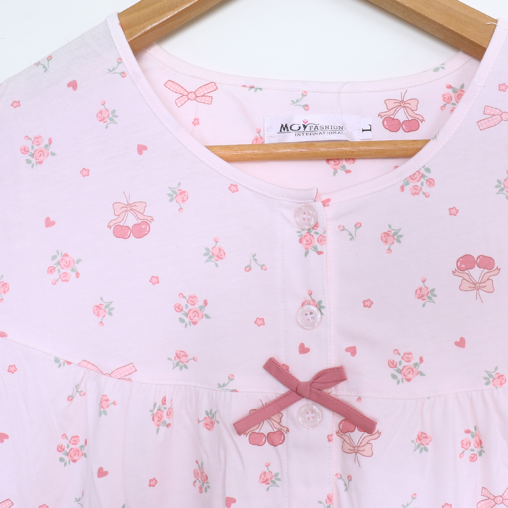 櫻桃小花 柔軟舒眠棉質 睡衣睡褲成套組(粉色)