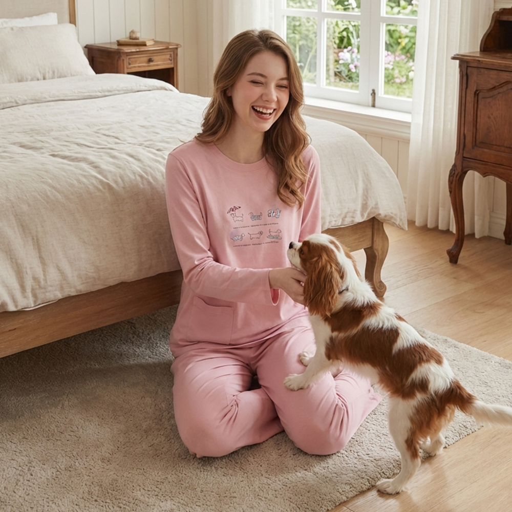 毛狗狗渡假中 柔軟舒眠棉質 睡衣睡褲成套組(粉色)