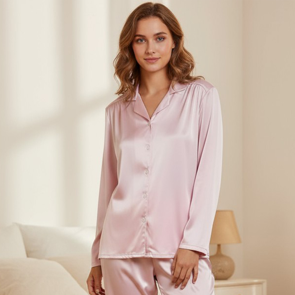 MIT台灣製 簡約 光澤絲柔緞面 睡衣睡褲成套組(粉)