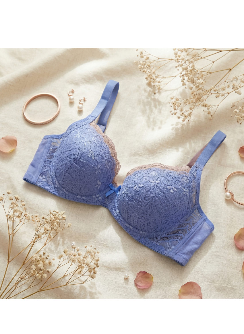 花語 軟鋼圈 深V低脊心包覆機能型內衣D罩杯(藍)