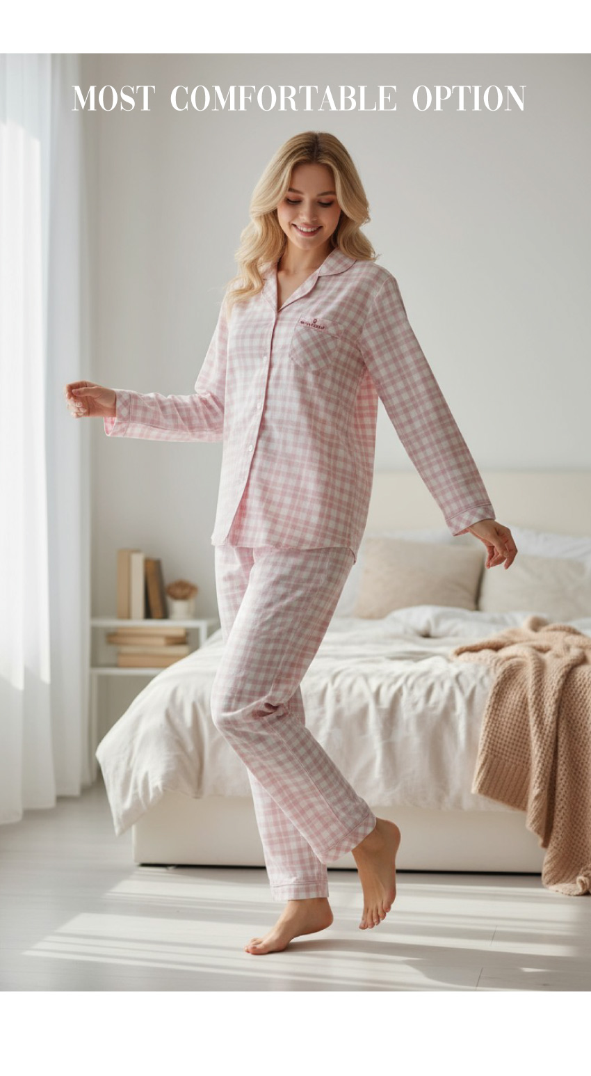 MIT台灣製 舒柔慵懶格子 睡衣睡褲成套組(粉)