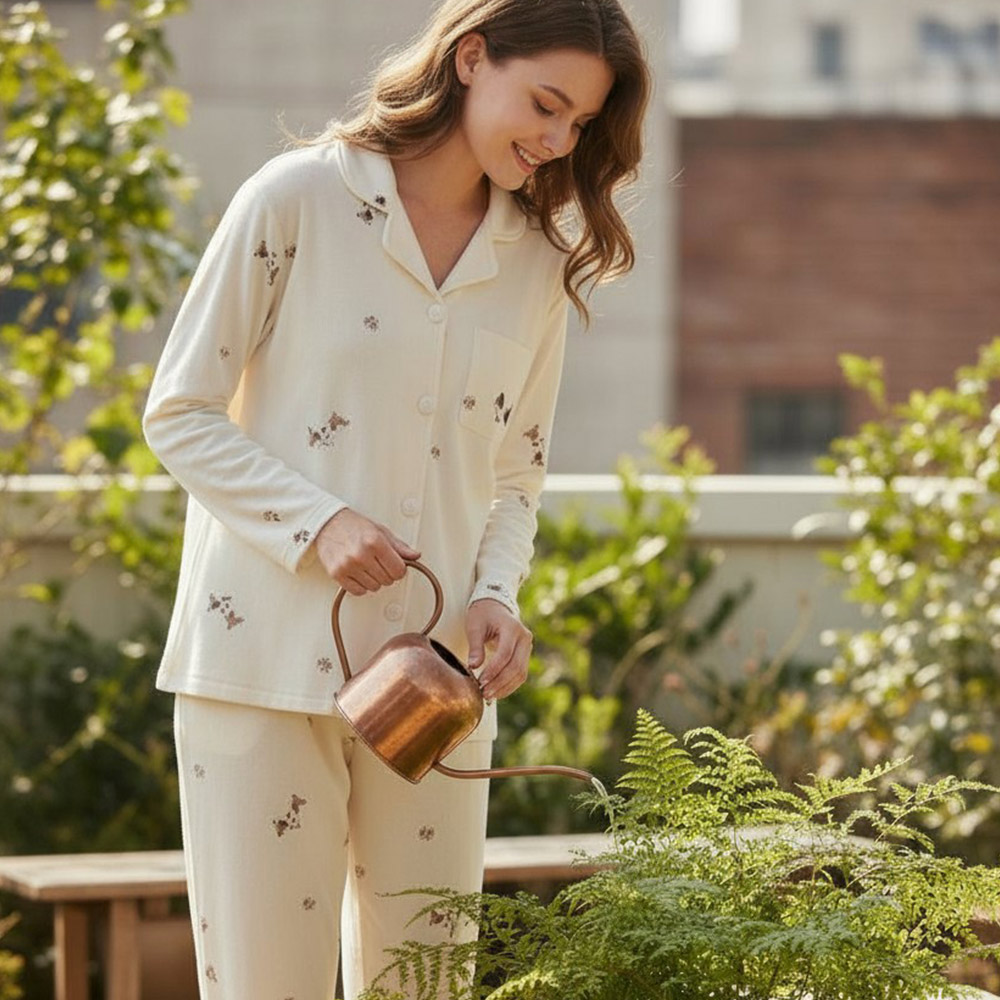 舒柔軟萌臘腸狗 睡衣睡褲成套組(米白)