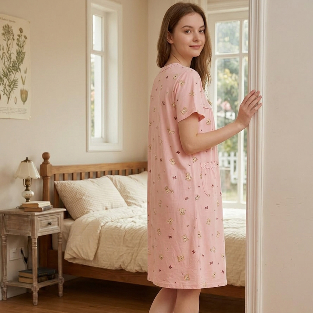 掬米熊熊 柔軟舒眠棉質 連身裙睡衣(粉)