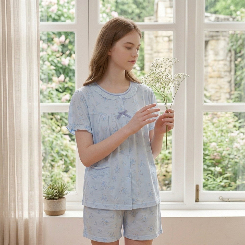 水漾小花 柔軟舒眠棉質 睡衣睡褲成套組(藍)