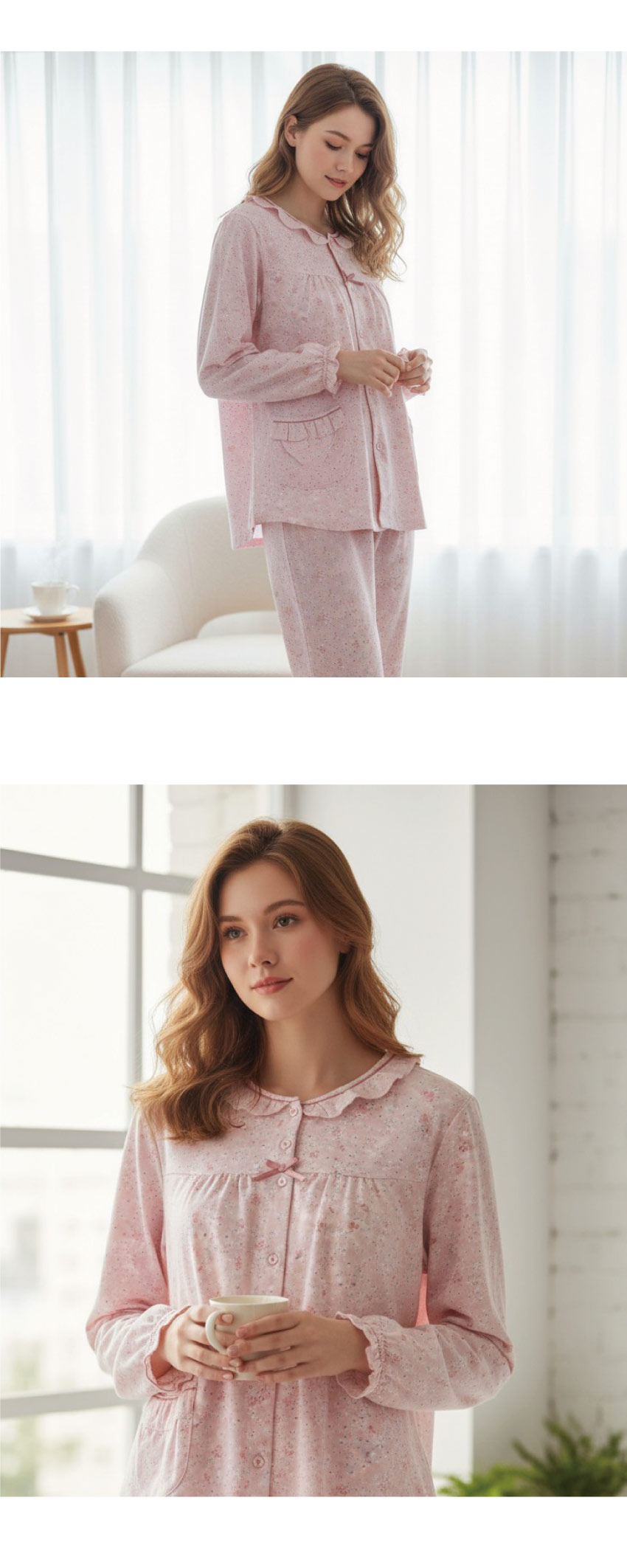 田園小花 柔軟舒眠棉質 睡衣睡褲成套組(粉色)