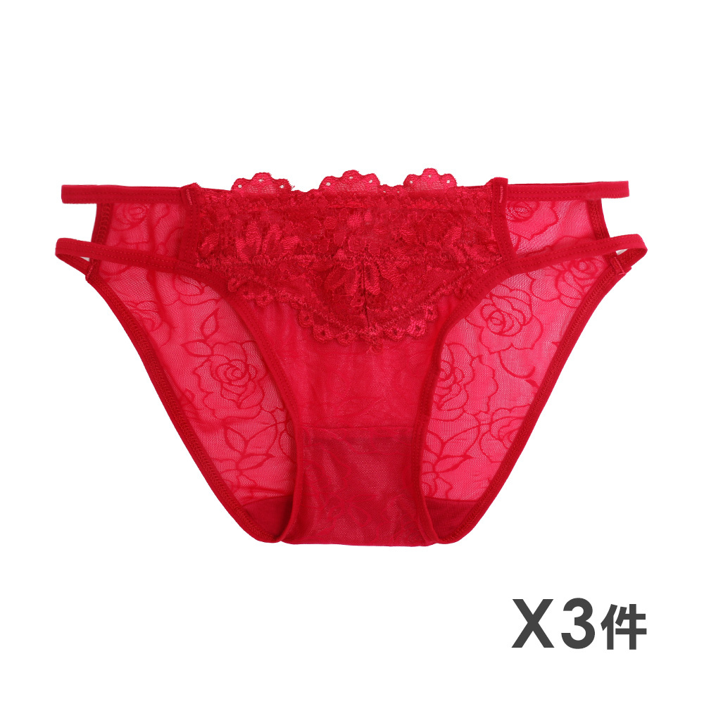 玫瑰 低腰性感透膚蕾絲無痕三角褲 3件組(隨機色)