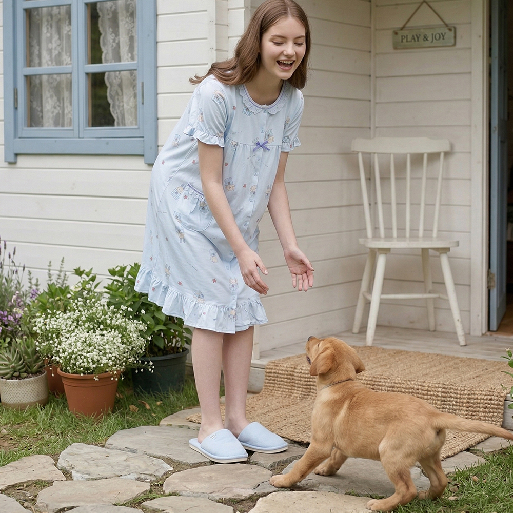 睡萌聚落 柔軟舒眠棉質 連身裙睡衣(藍)