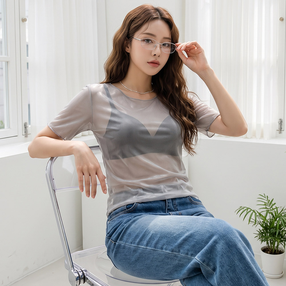 MIT 圓領短袖 性感透肌網紗打底罩衫(灰色)